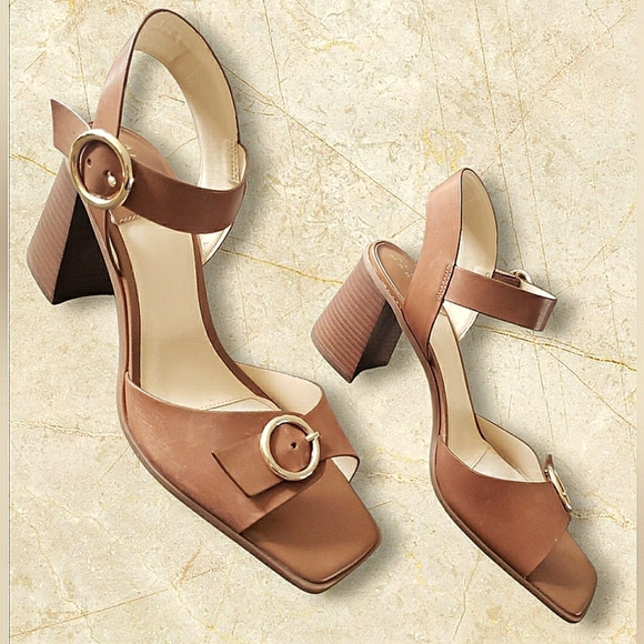 New Brown Leather 12 Gold Buckle Block Heel Square Toe Adjustable Sandals - Picture 1 of 8
